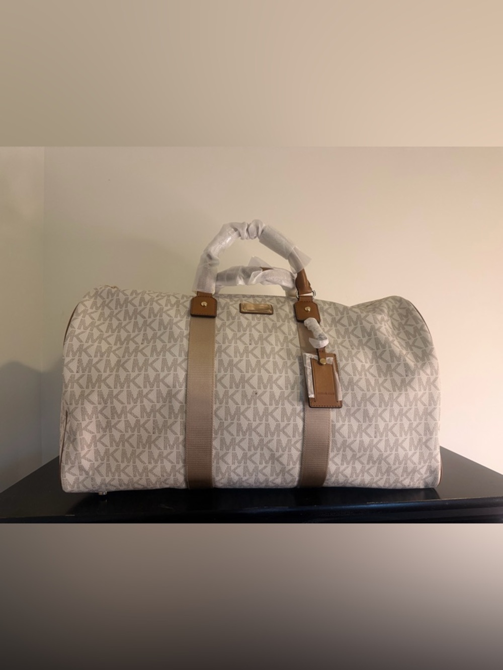 Michael Kors Cream and Tan Logo Duffel Bag
